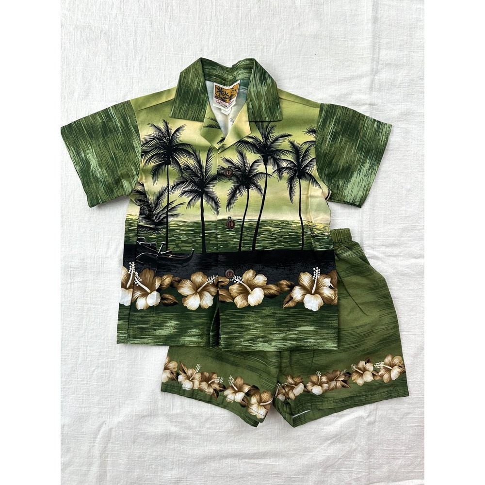 Winnie Fashion Hawaiian Outfit‎ Palm Tree Aloha Shirt Shorts Set Kids Size 2